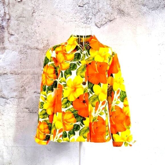 Coldwater Creek jean jacket tropical floral print - orange & yellow Size S - Picture 1 of 9